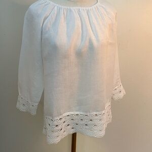 J Crew Linen  Peasant Blouse with Scalloped Lace Hem  in Ivory  in XXS